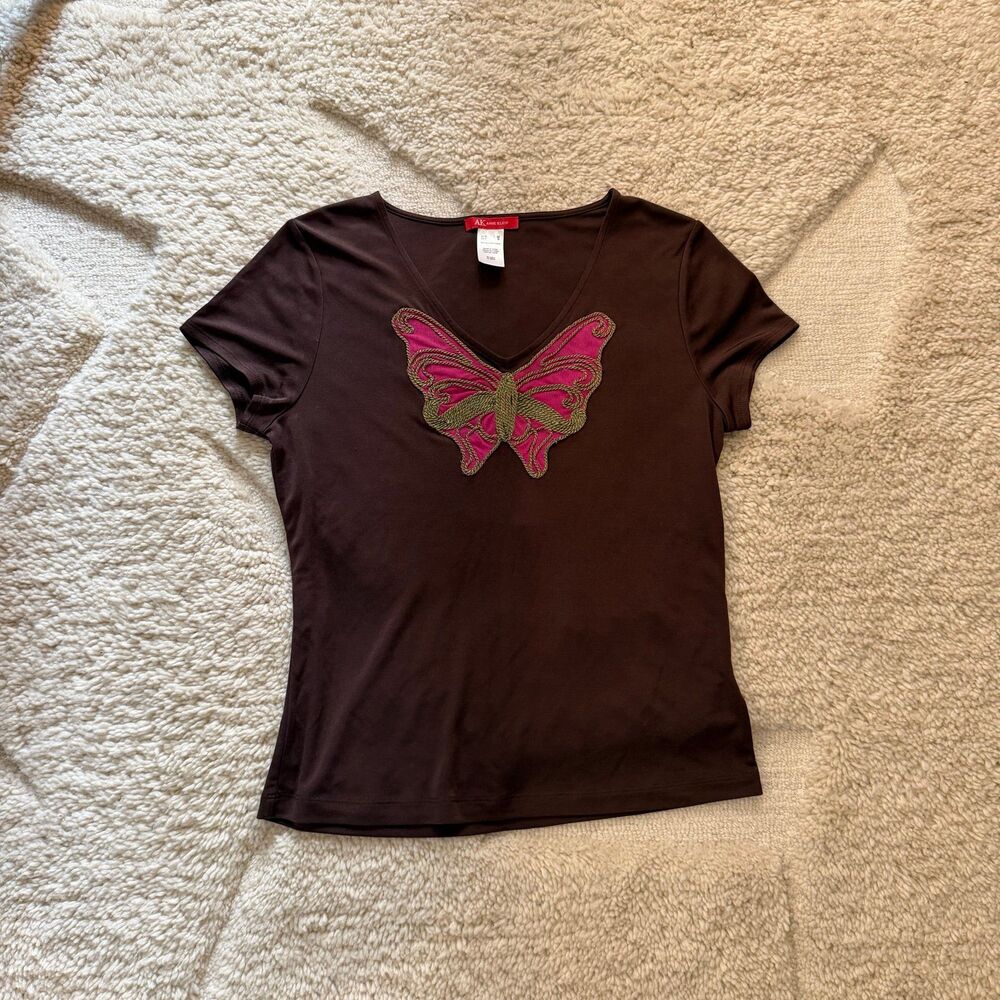 Anne Klein Vintage Silk Knit Butterfly Baby Tee Brown Fairycore Y2K S
